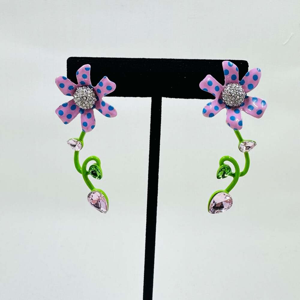 Betsey Johnson Enchanted Flower Pink Polka Dot Rhinestone Drop Earrings